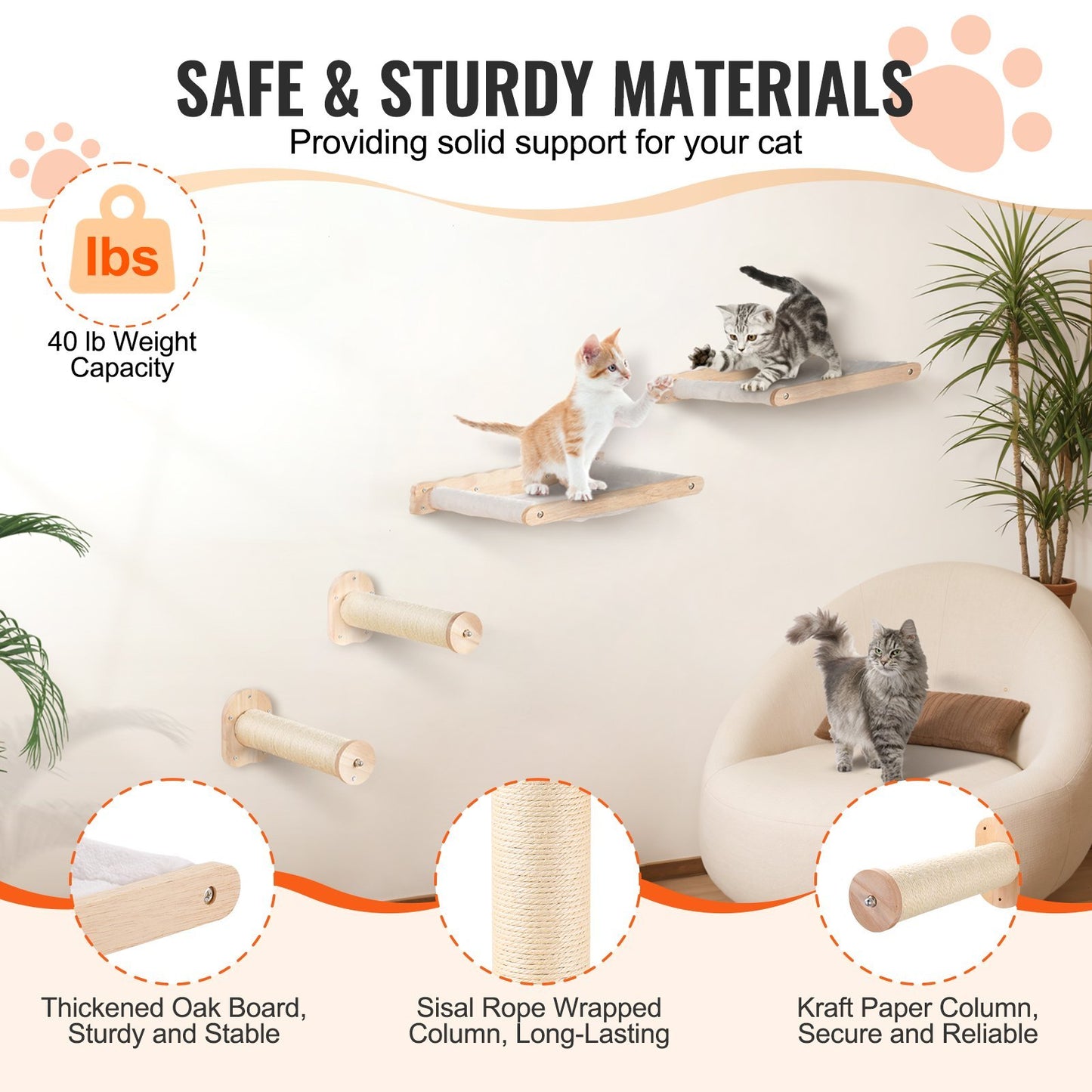VEVOR Wall Mounted Cat Shelves With 2 Jumping Posts & 2 Hammocks Up To 40 Lbs